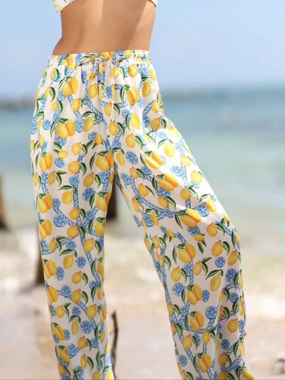 NWT Salty Weekend Costa Wide Leg Pants Lemon Print Small - Picture 3 of 14